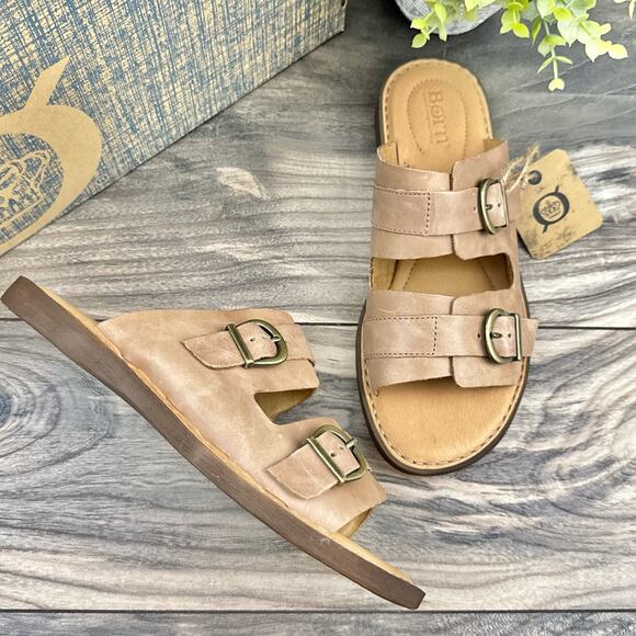 NIB Born Henna 8M Comfort Leather Slide Sandals Natural - Picture 2 of 13